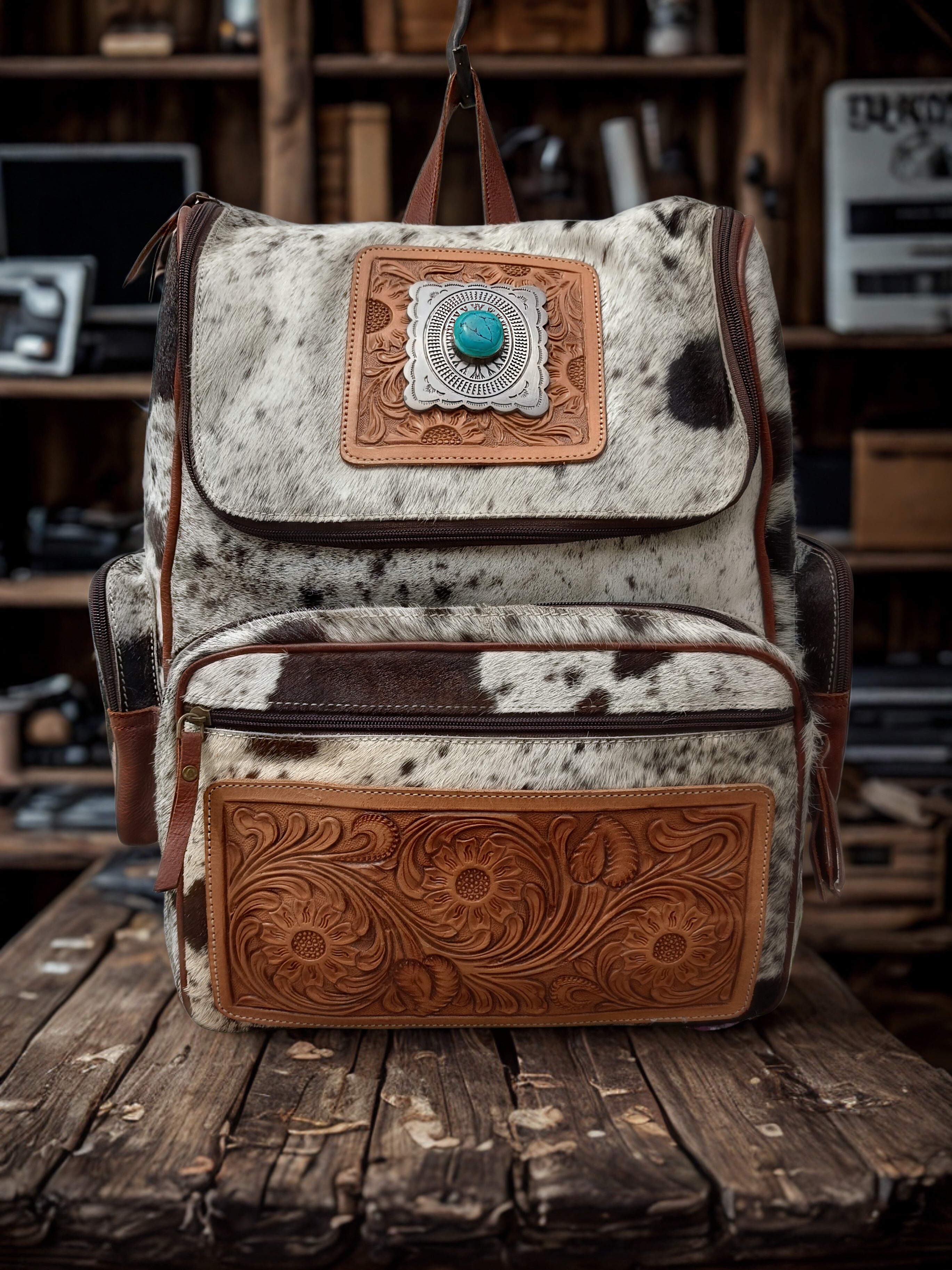 Western Tooled Cowhide Leather Backpack with Turquoise